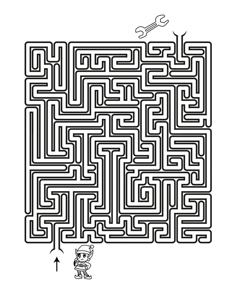 Labyrinthe de Noël avec un lutin au départ et une clé à molette à l'arrivée
