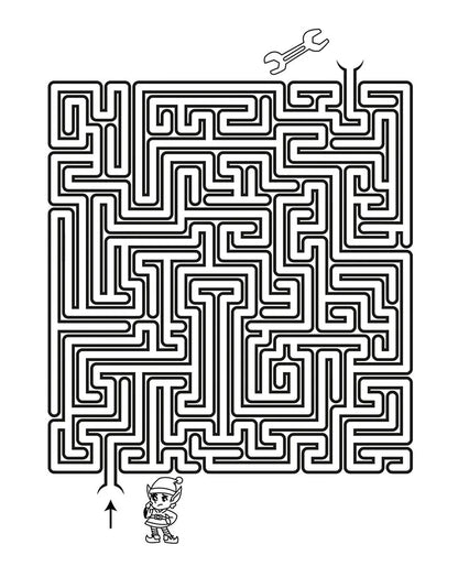 Labyrinthe de Noël avec un lutin au départ et une clé à molette à l'arrivée