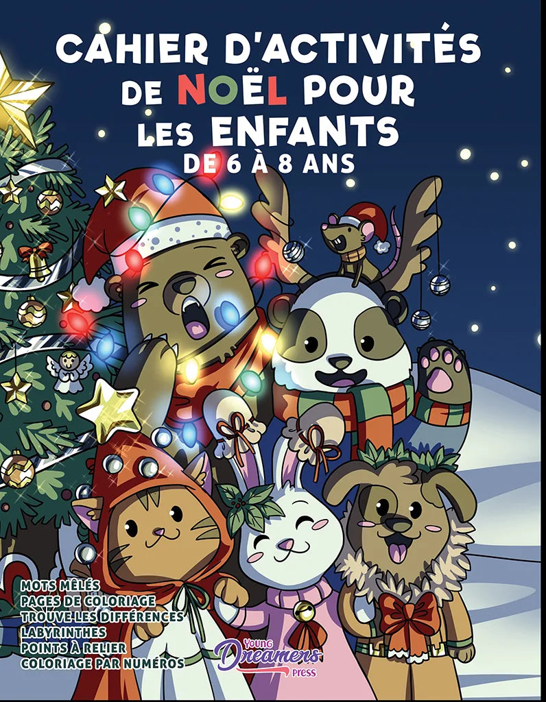 Couverture du livre d'activités de Noël pour enfants avec animaux, sapin et guirlandes lumineuses