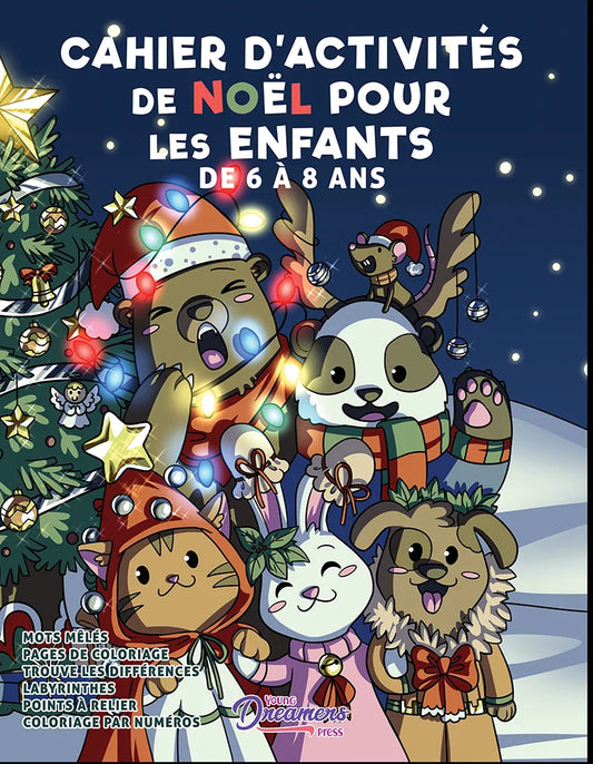 Couverture du livre d'activités de Noël pour enfants avec animaux, sapin et guirlandes lumineuses