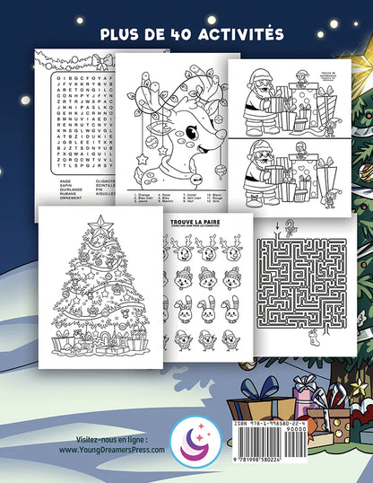 Quatrième de couverture du livre d'activités de Noël avec aperçus des jeux et coloriages
