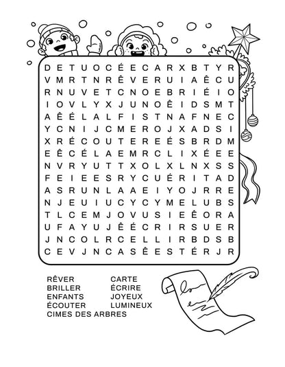 Mots mêlés de Noël du livre d'activités avec liste de mots et plume d'écriture