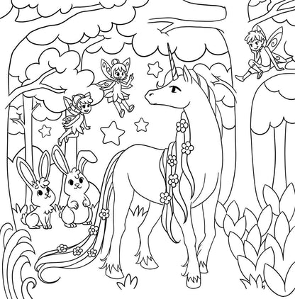 Serene unicorn in forest with two bunnies and a group of fairies
