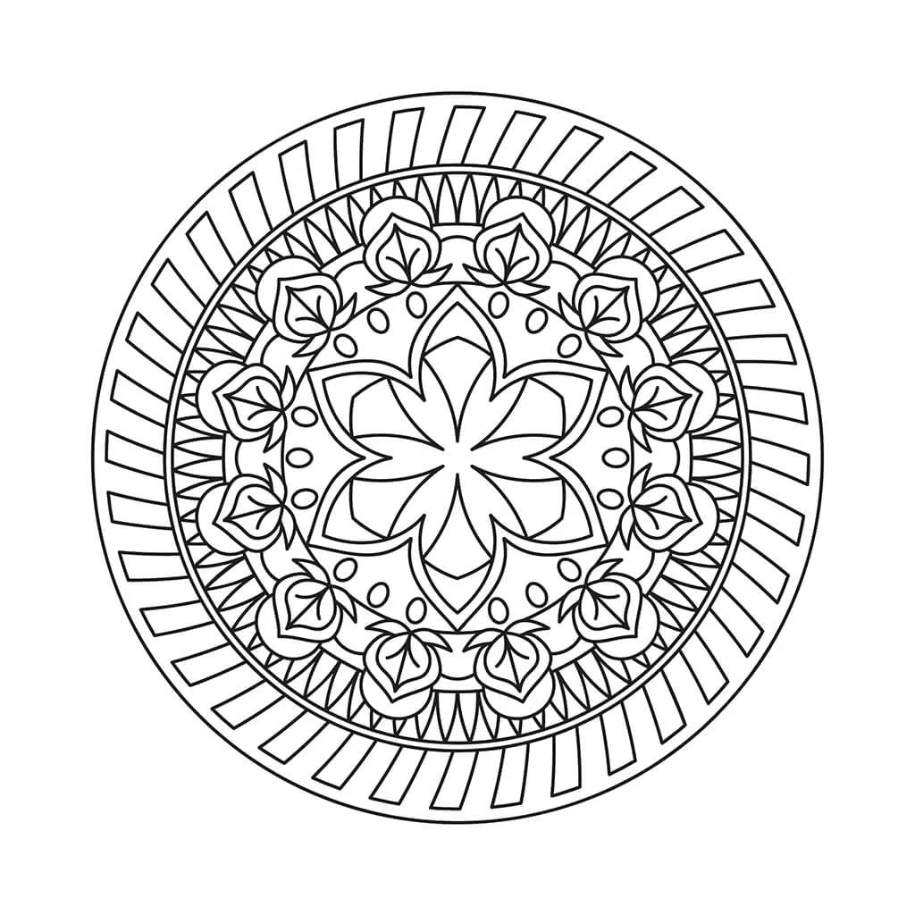 Mandala da colorare con anello esterno a righe e foglie attorno a un fiore centrale