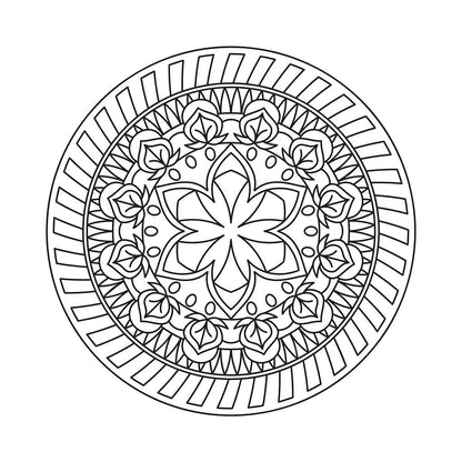 Mandala da colorare con anello esterno a righe e foglie attorno a un fiore centrale