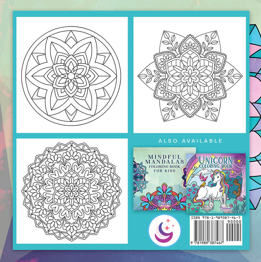 Mandala coloring book back cover featuring 3 sample coloring pages from the interior.