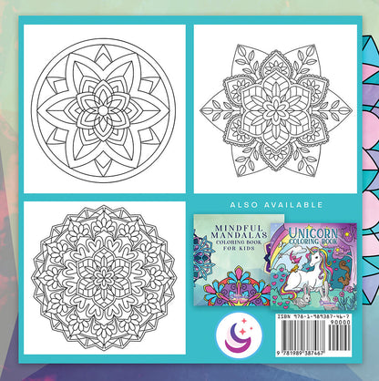 Mandala coloring book back cover featuring 3 sample coloring pages from the interior.