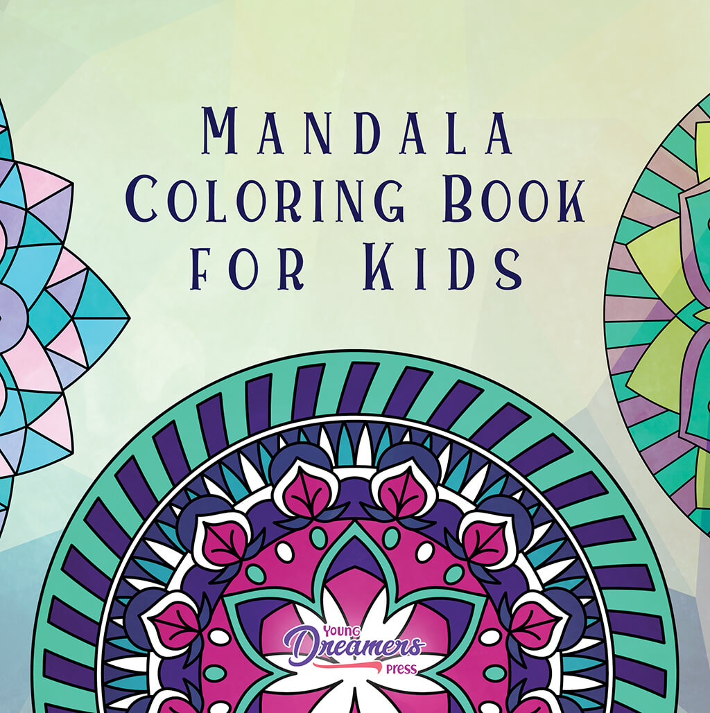 Mandala coloring book cover featuring 3 colored mandalas in the hues of green, purple, blue, pink.