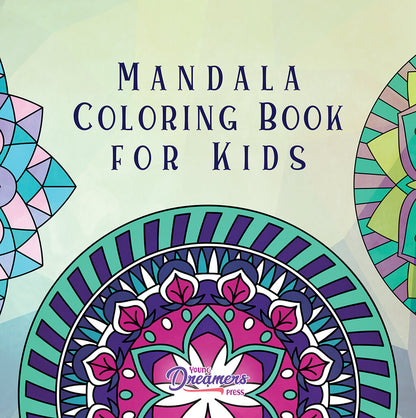 Mandala coloring book cover featuring 3 colored mandalas in the hues of green, purple, blue, pink.