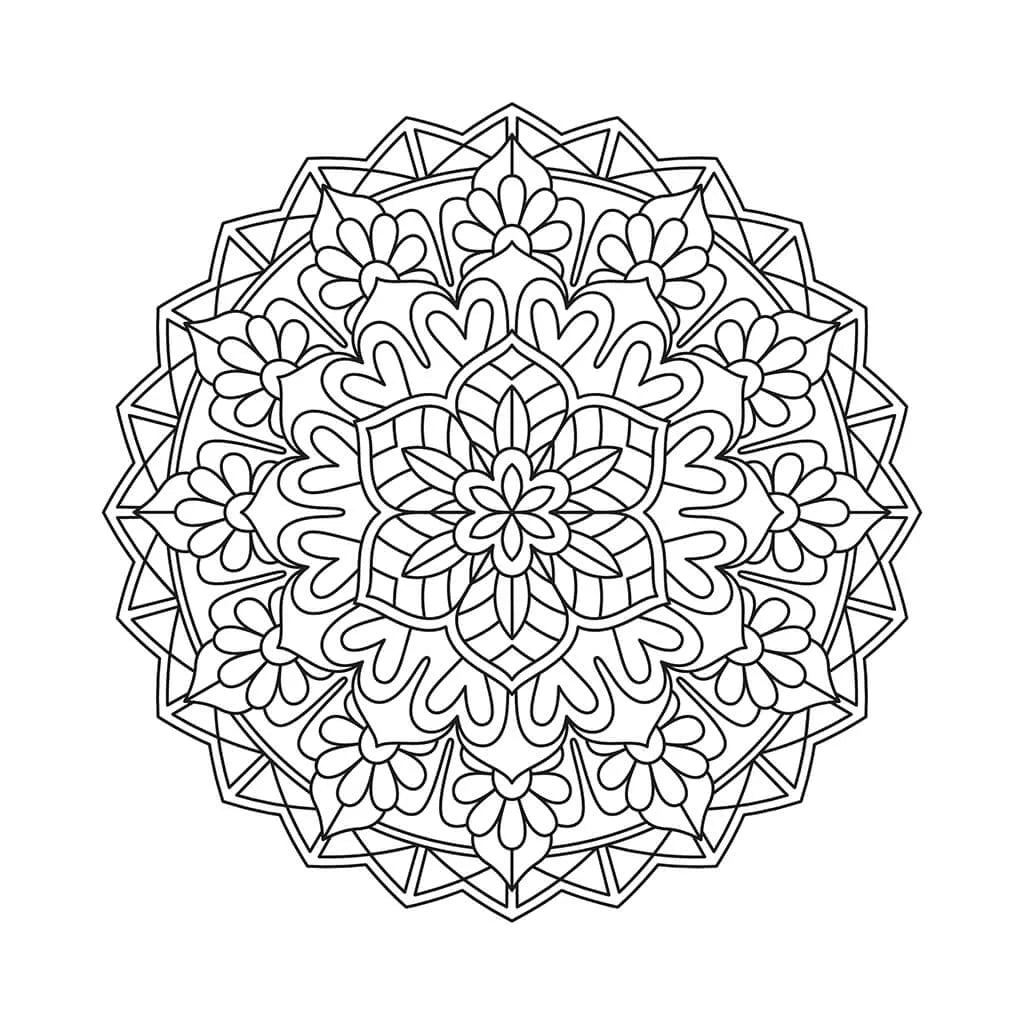 Detailed mandala coloring page with hearts, small flowers and a jagged outer edge for kids