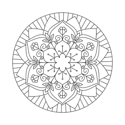 Mandala da colorare con grandi petali, volute e bacche in un anello a raggiera
