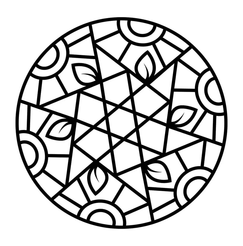 Mandala de estrella geométrica para colorear con líneas gruesas y hojas para niños