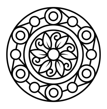 Mandala fácil para colorear con líneas gruesas, círculos y una flor en el centro