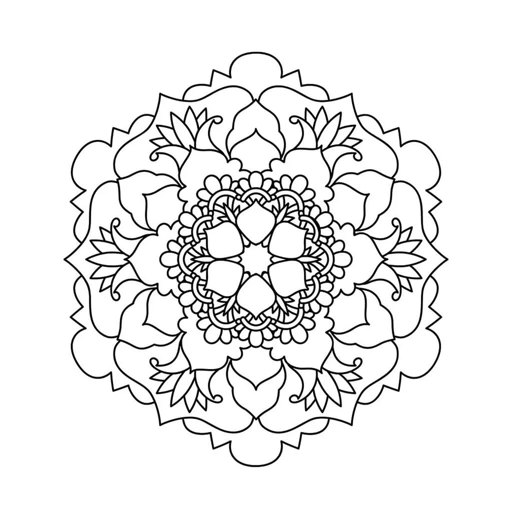 Mandala floral para colorear con pétalos de línea fina y borde ondulado