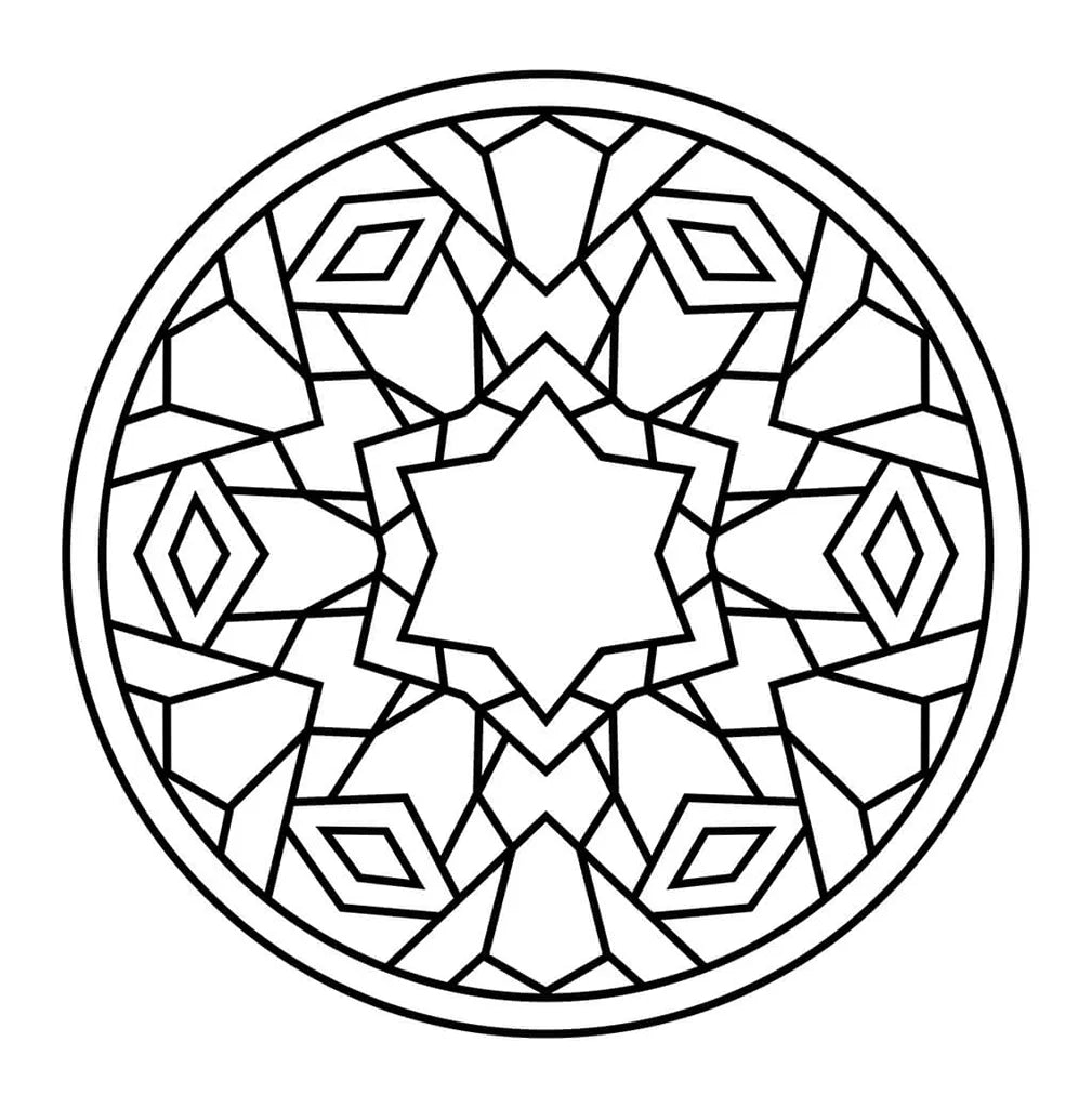 Mandala geométrico para colorear con líneas gruesas y rombos alrededor de una estrella