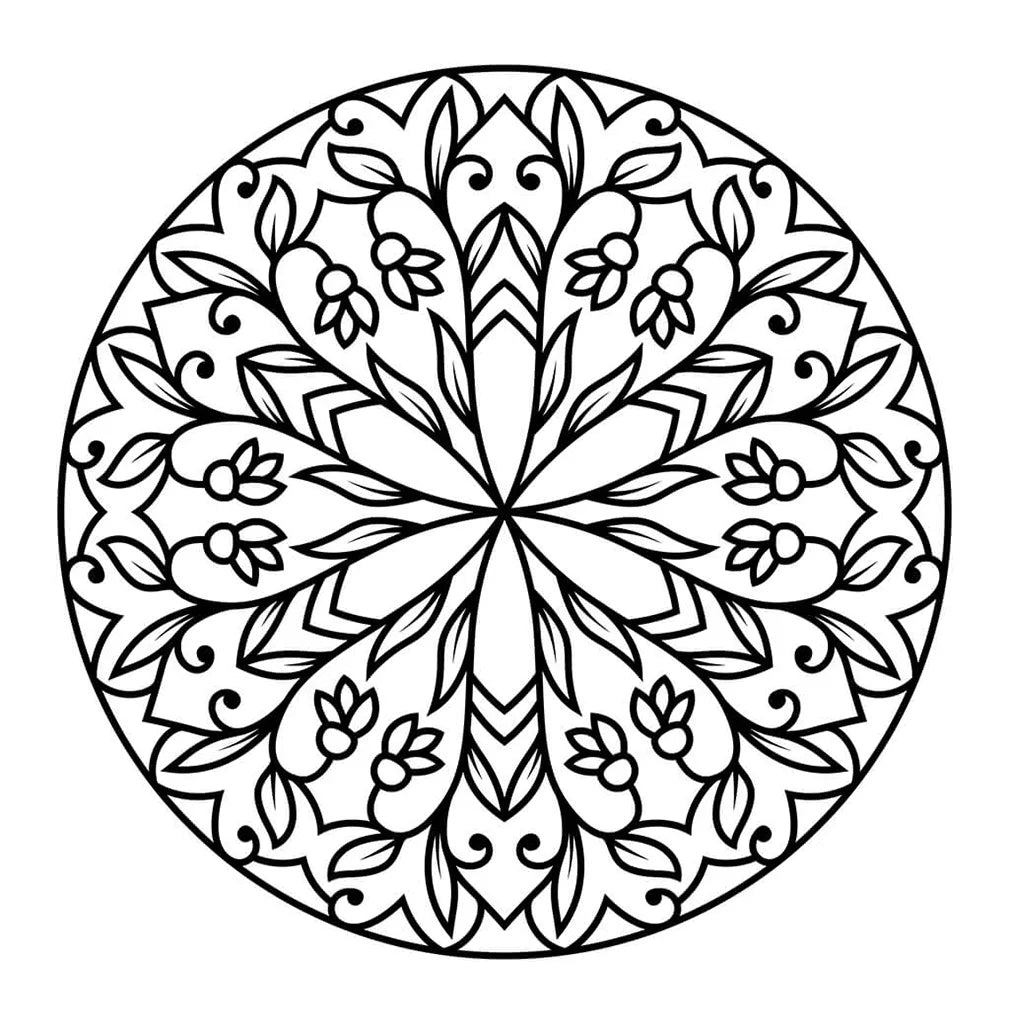 Mandala para colorear con hojas y pequeños frutos en un patrón radial