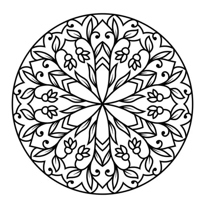Mandala para colorear con hojas y pequeños frutos en un patrón radial
