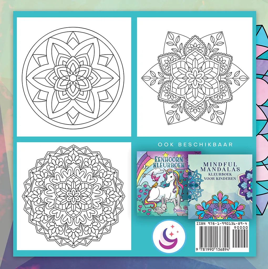Achterkant van Mandala kleurboek voor kinderen met drie voorbeeldpagina's en ISBN