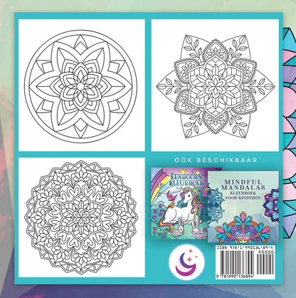 Achterkant van Mandala kleurboek voor kinderen met drie voorbeeldpagina's en ISBN