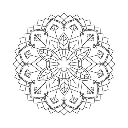 Mandala zum Ausmalen mit gepunktetem Blütenrand, Blattmustern und kleinen Blumen
