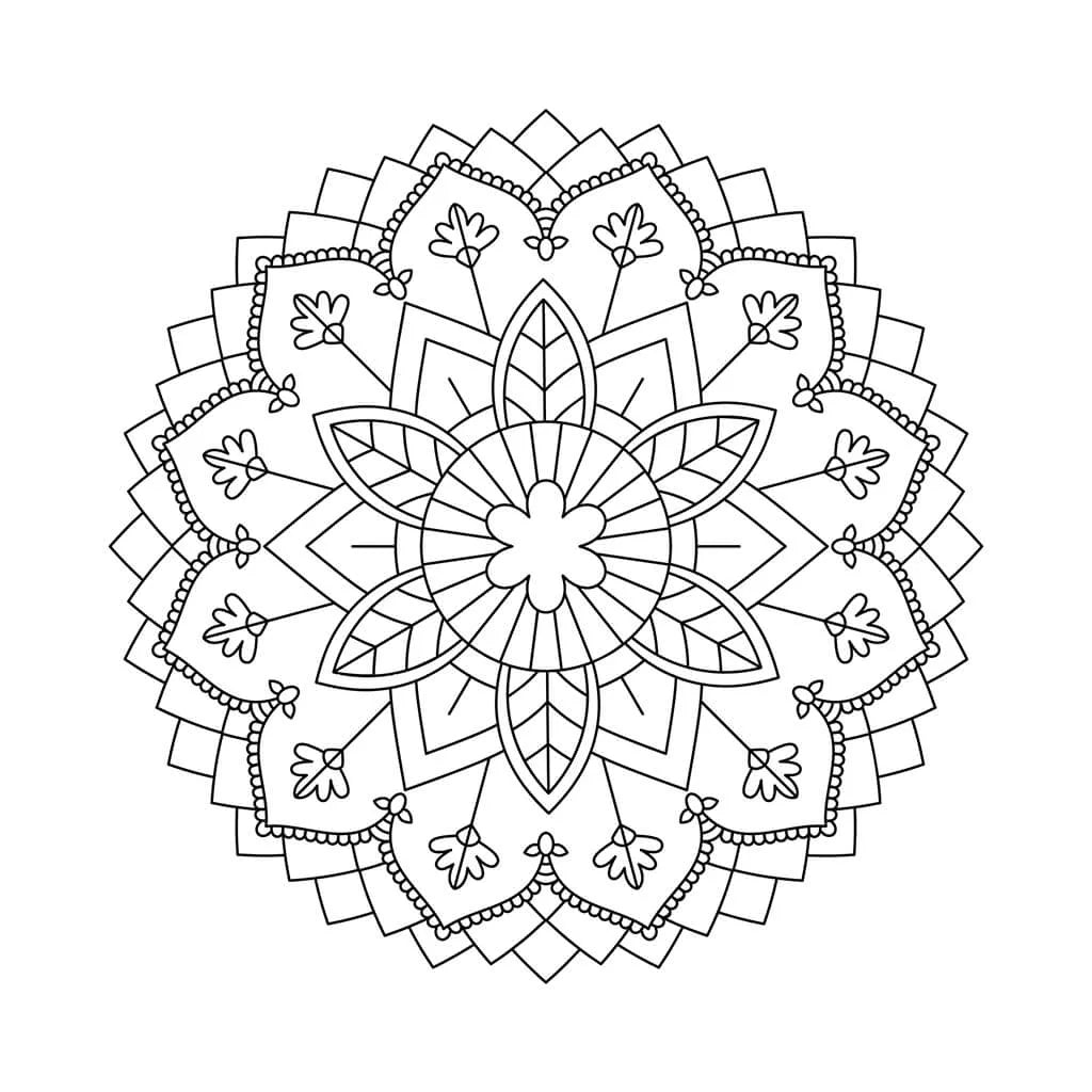 Mandala à colorier avec un bord de pétales pointillés, des feuilles et de petites fleurs
