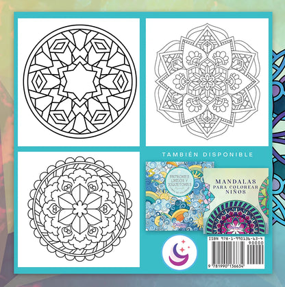 Contraportada de Mandalas conscientes libro de colorear para niños con tres vistas previas e ISBN