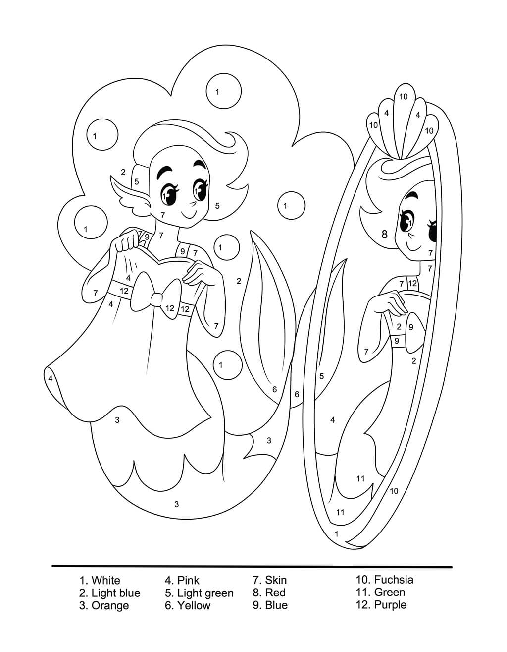 Mermaid looking in mirror color by number