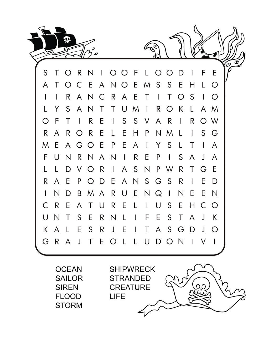 Mermaid word search featuring pirate life words