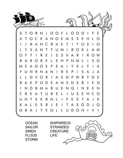 Mermaid word search featuring pirate life words