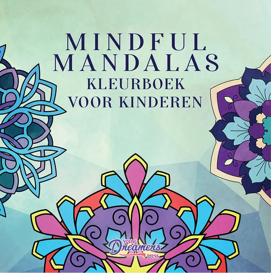 Mindful Mandalas kleurboek voor kinderen, omslag met kleurrijke mandala's op een zachtgroene achtergrond
