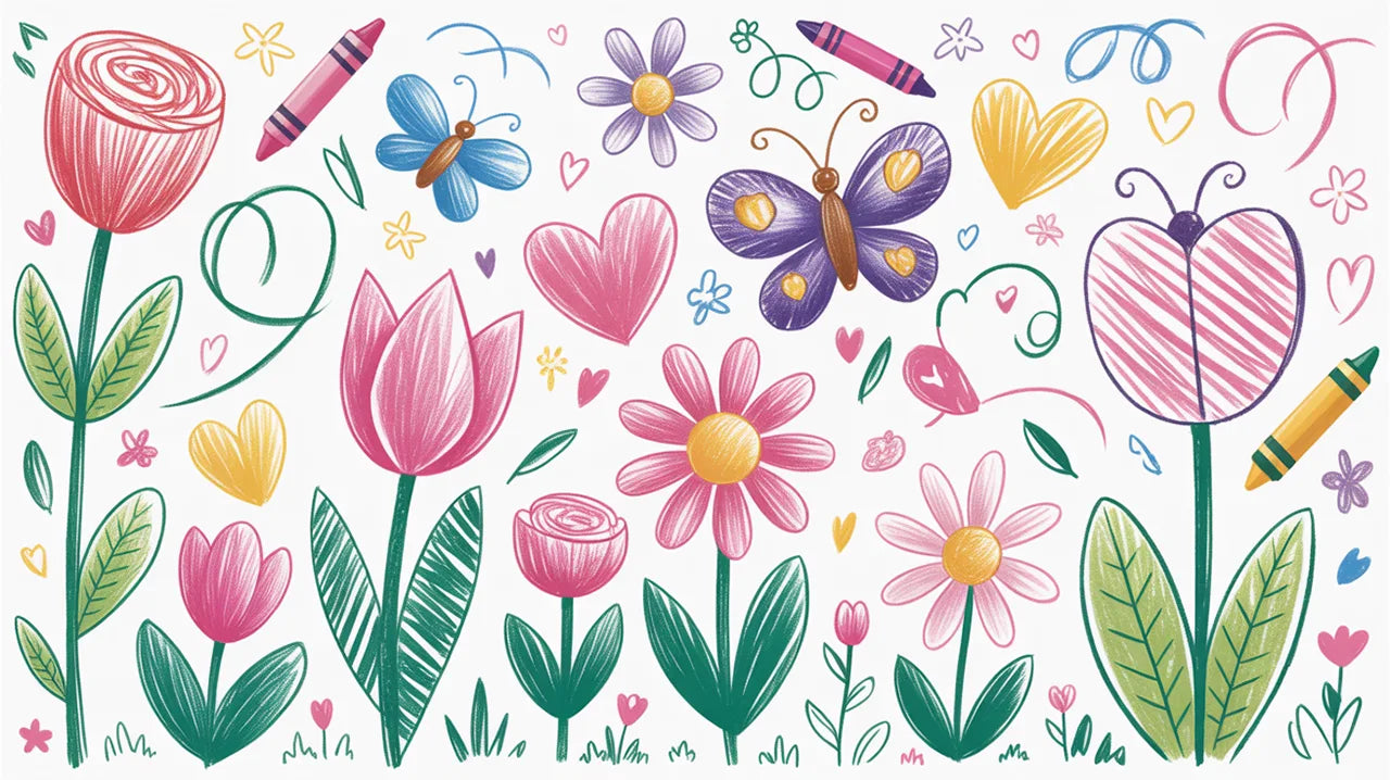 Hand-drawn crayon-style banner with tulips, roses, daisies, hearts, and butterflies in cheerful pastel pink, purple, and yellow