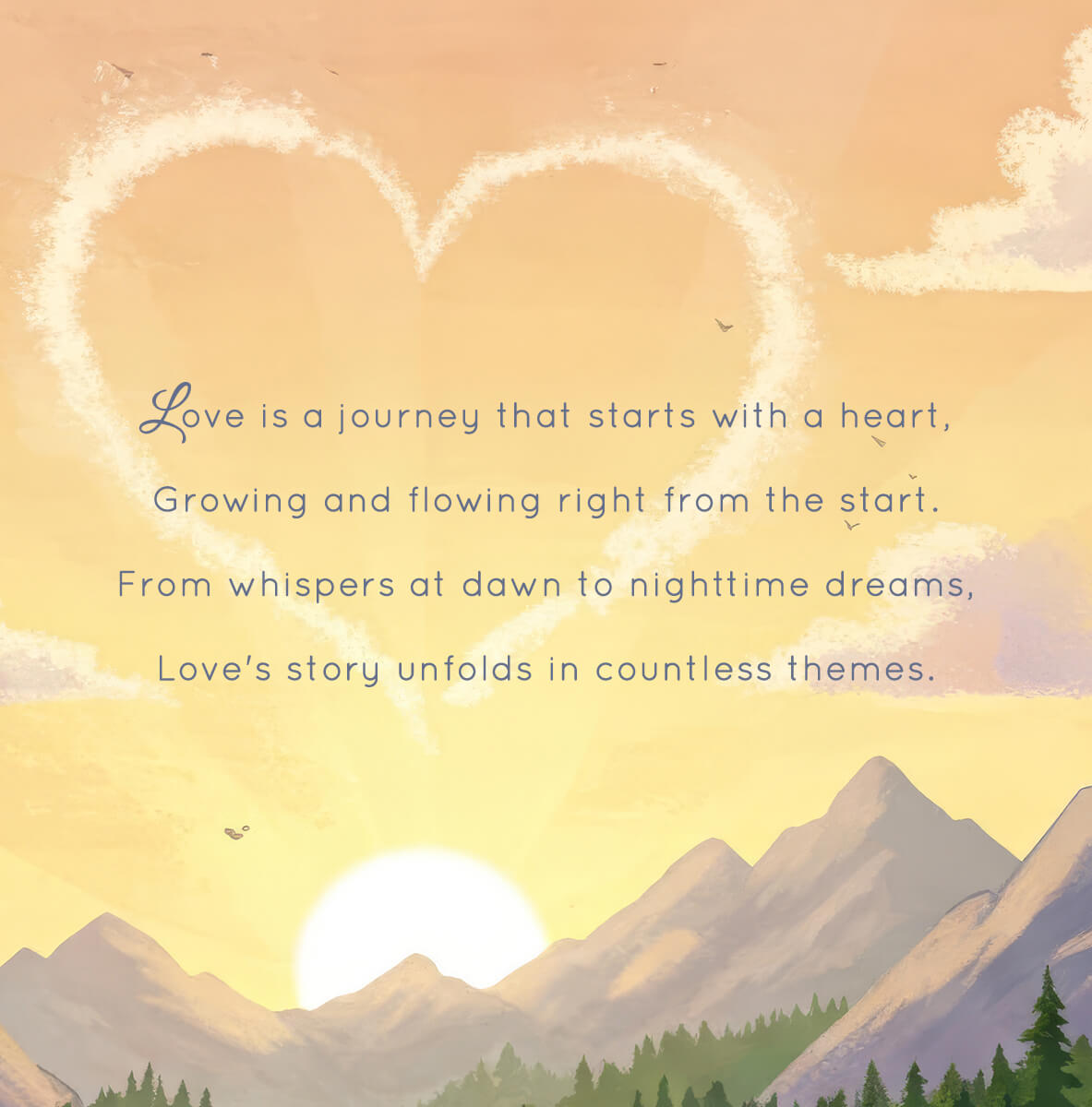 Book page with golden sunset mountain landscape, cloud heart shape, and poetic verse about love's journey.
