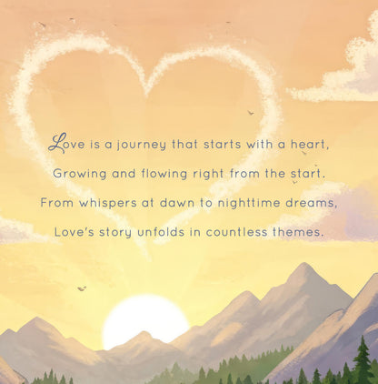 Book page with golden sunset mountain landscape, cloud heart shape, and poetic verse about love's journey.