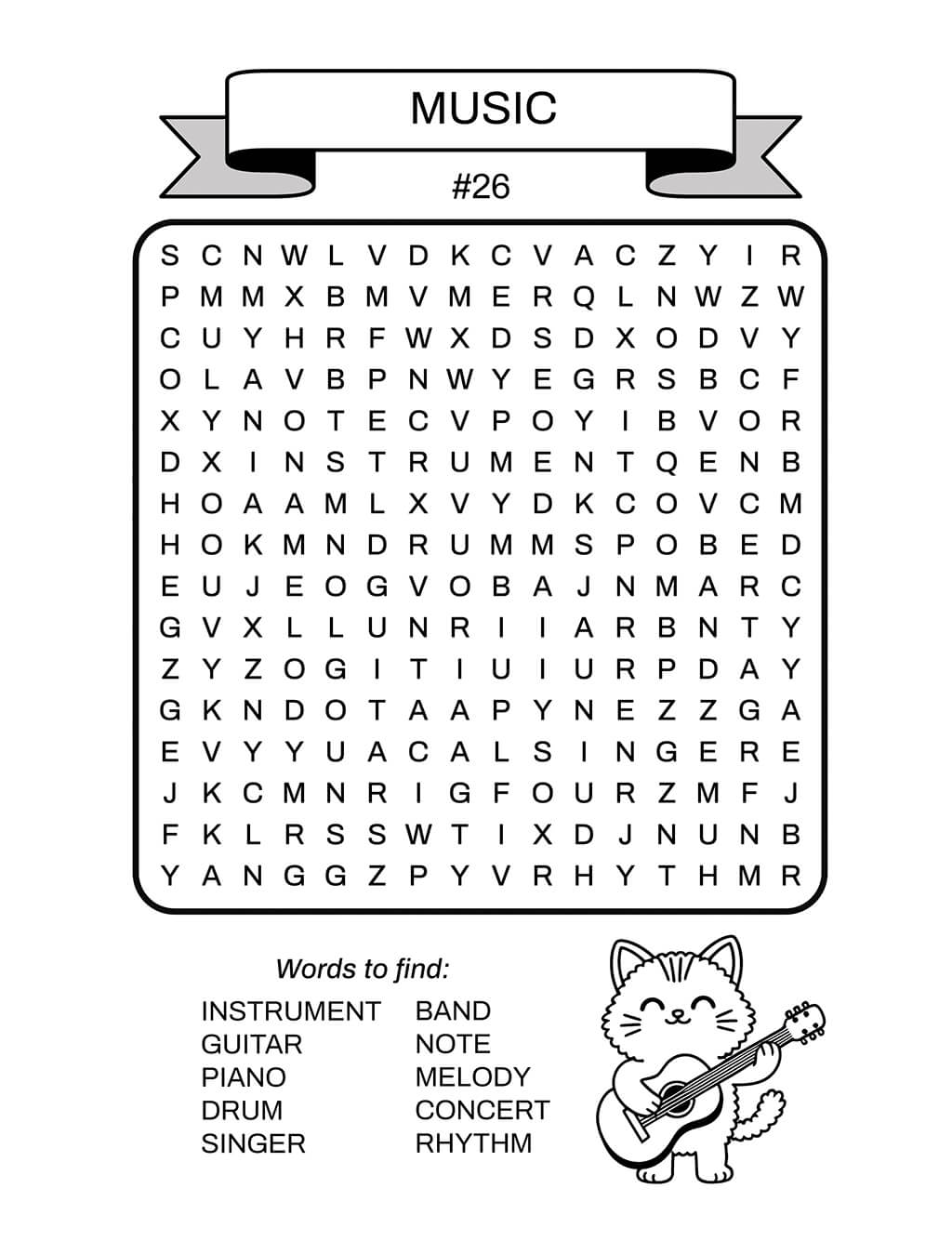 Music-themed word search puzzle #26 for kids 6-8 with vocabulary including instrument, guitar, and rhythm. Features cute cat playing guitar illustration, ideal for young music lovers.
