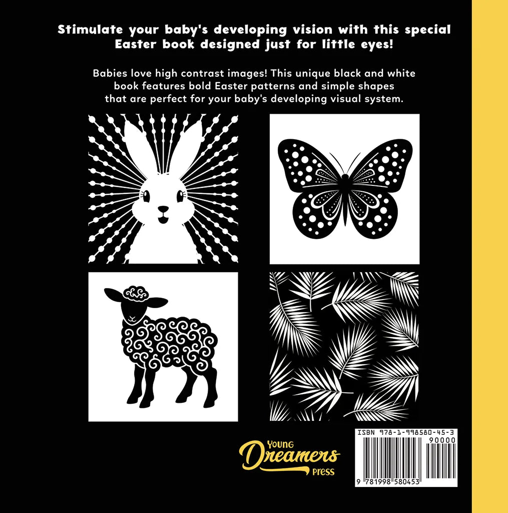 Back cover of a Easter baby book with black and white patterns and text about stimulating a baby's vision.