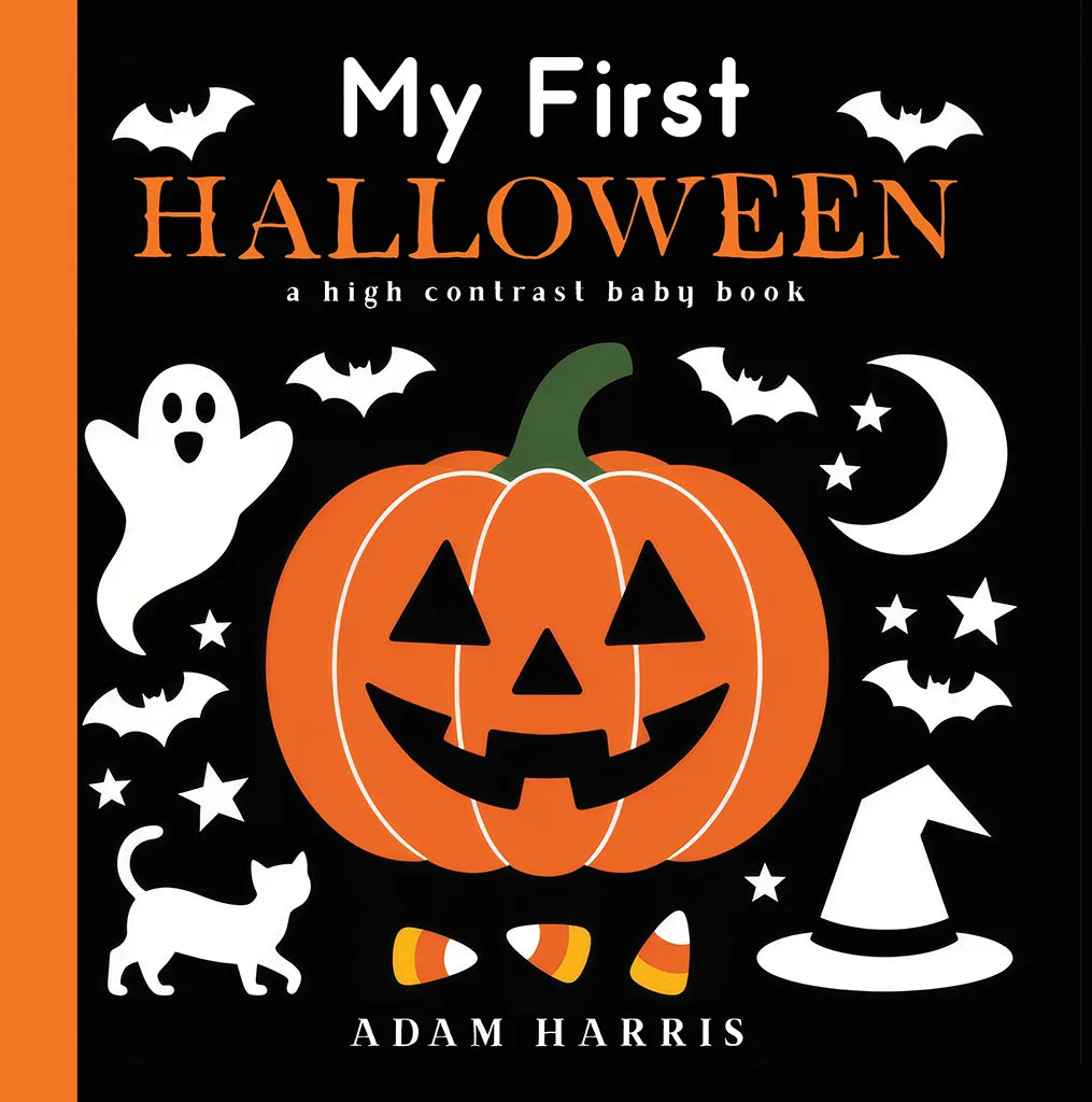 Book cover of 'My First Halloween' with a pumpkin, ghosts, bats, and candy corn on a black background.