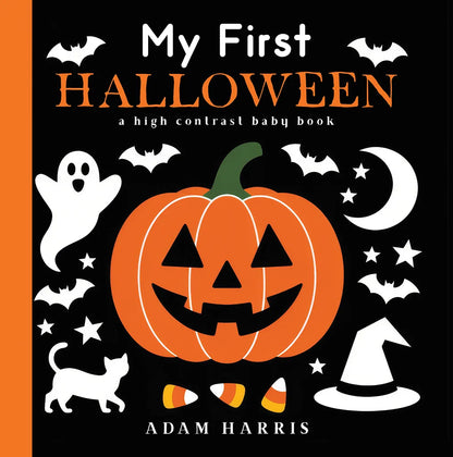 Book cover of 'My First Halloween' with a pumpkin, ghosts, bats, and candy corn on a black background.