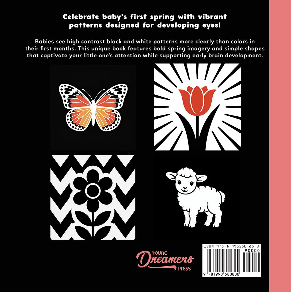My First Spring high contrast baby book back cover by Young Dreamers Press showing interior page samples including a butterfly, tulip, flower, and lamb