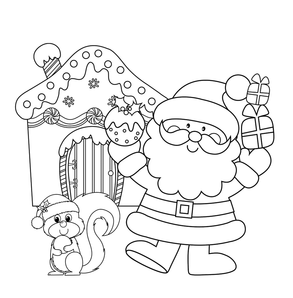 Babbo Natale con una casetta di pan di zenzero e uno scoiattolo, disegno da colorare