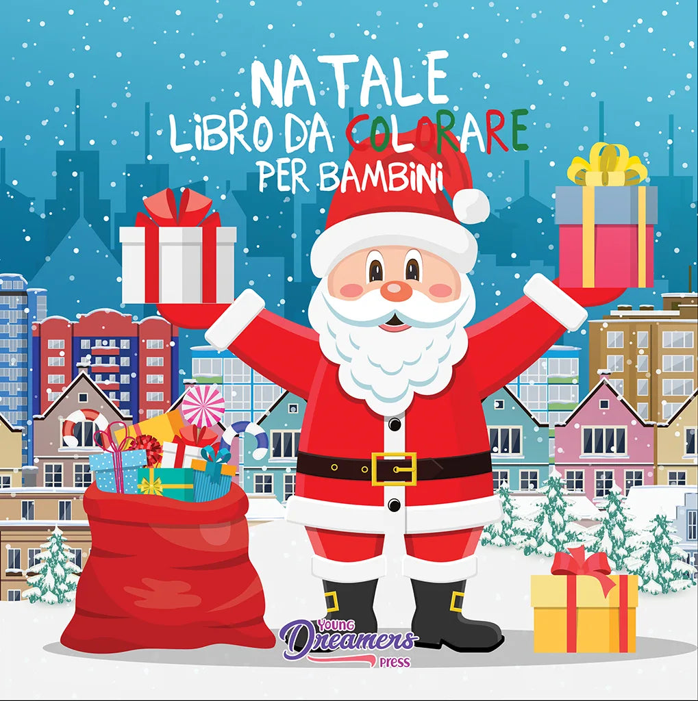 Natale libro da colorare per bambini, copertina con Babbo Natale, regali e città innevata