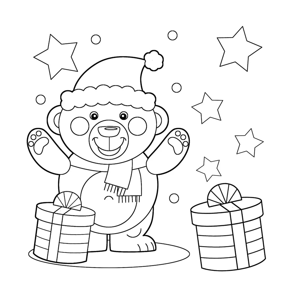 Disegno da colorare di un orsetto sorridente con cappello di Babbo Natale e due regali