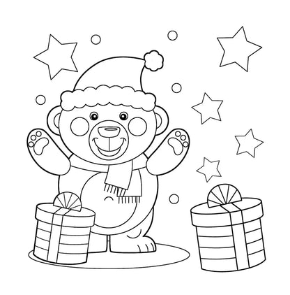 Disegno da colorare di un orsetto sorridente con cappello di Babbo Natale e due regali