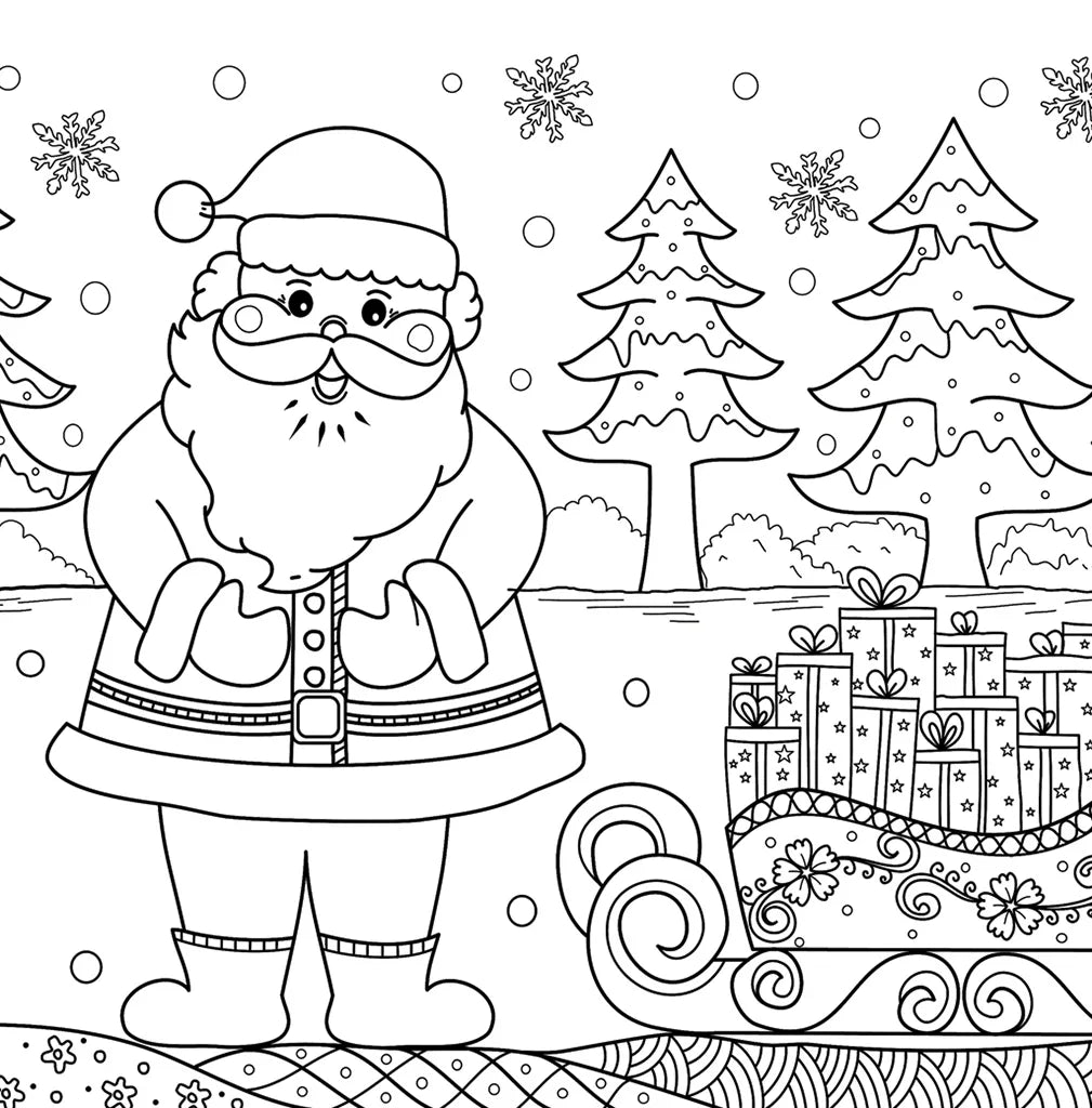 Babbo Natale accanto a una slitta piena di regali in un bosco innevato, da colorare