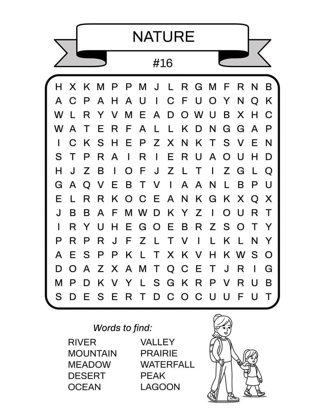 Nature word search puzzle #16 for elementary children with words like river, mountain, and ocean. Features illustration of parent and child walking, ideal for screen-free learning activities.