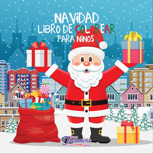 Navidad libro de colorear para niños, portada con Papá Noel, regalos y ciudad nevada