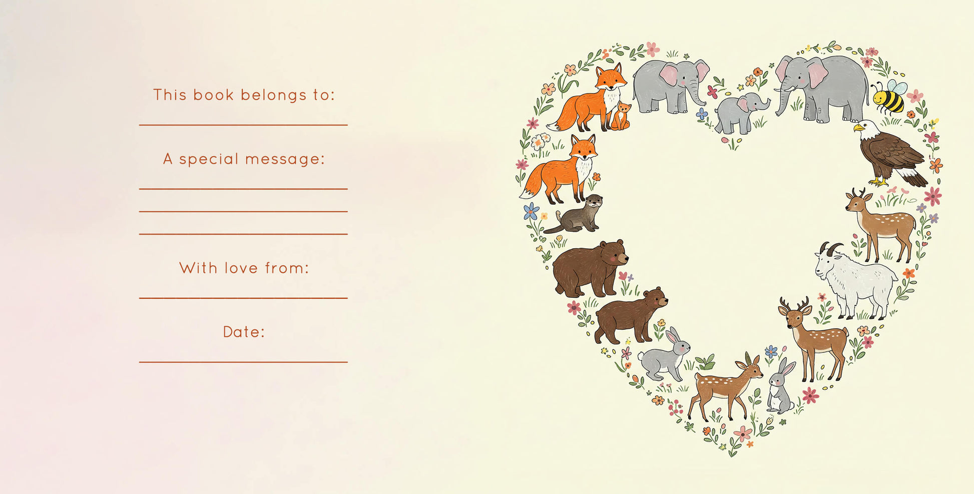 Personalization page from children's book with heart-shaped border of animal pairs and blank fields for name and special message.