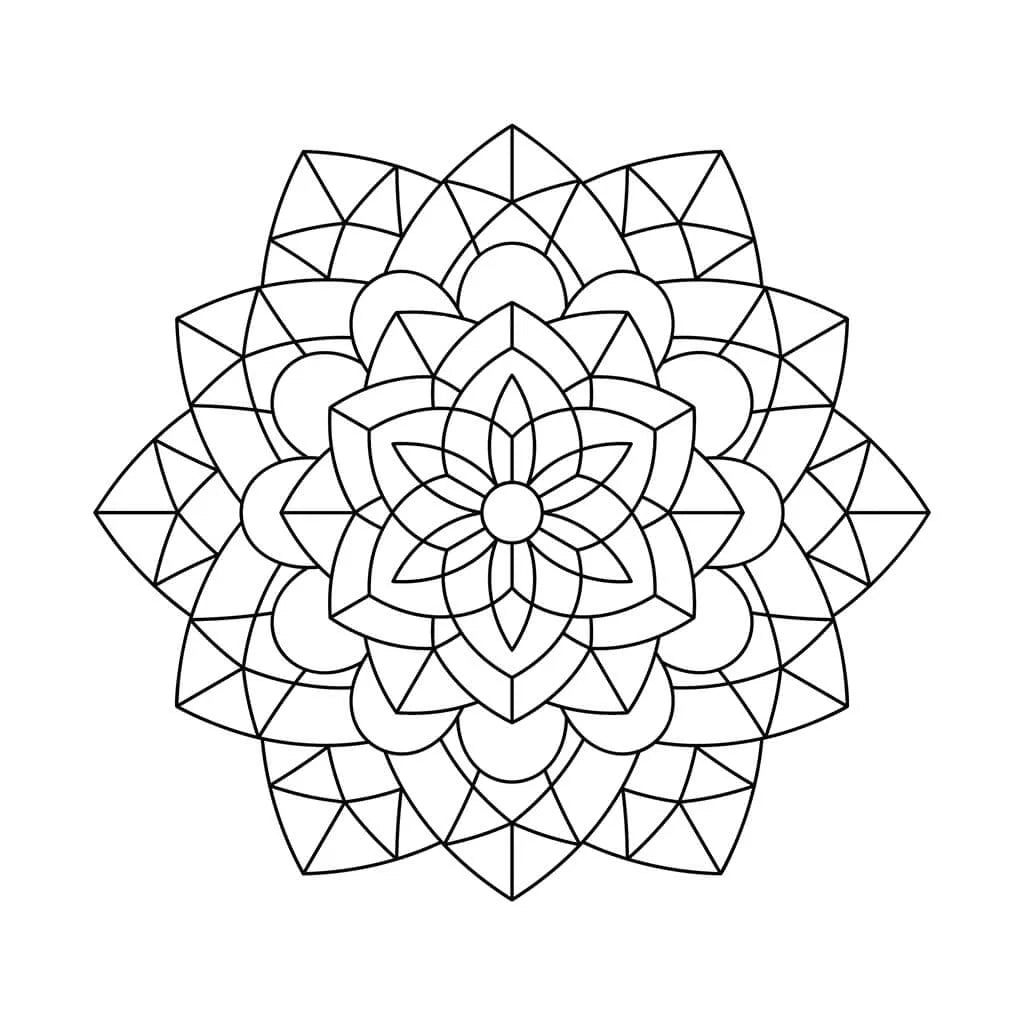 Mandala coloring page with pointed petals and triangle accents around a central flower