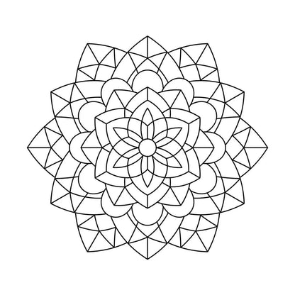 Mandala coloring page with pointed petals and triangle accents around a central flower