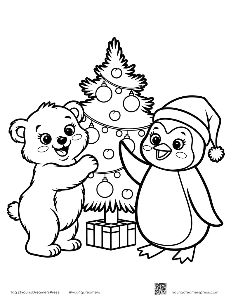 Polar bear cub and penguin in a Santa hat decorating a Christmas tree coloring page