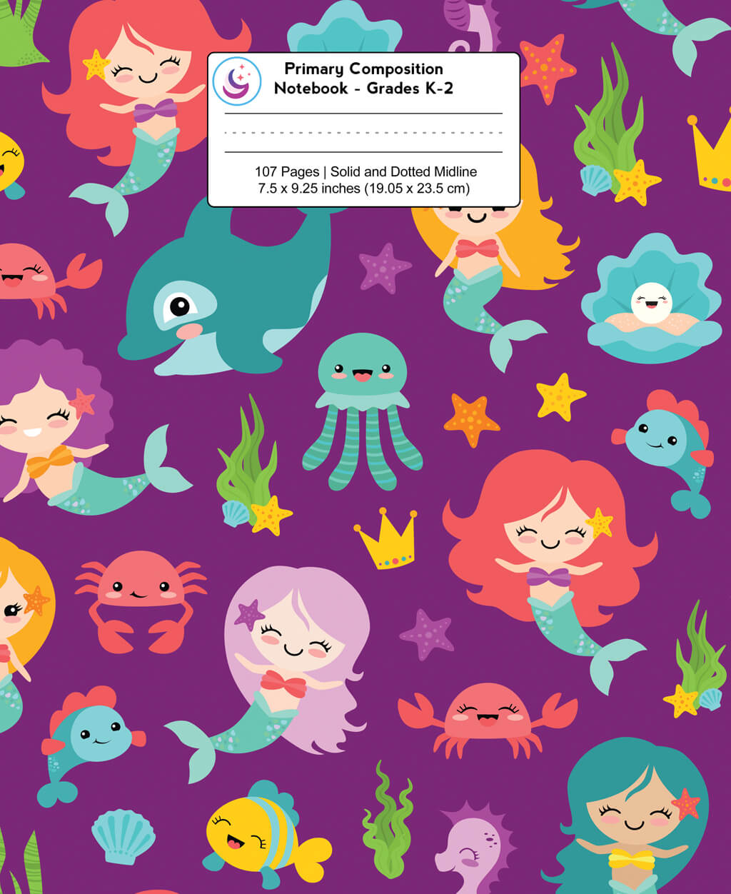 Primary composition notebook with purple cover featuring mermaids and marine animals. Designed for grades K-2 with half drawing space and half ruled lines for young writers.